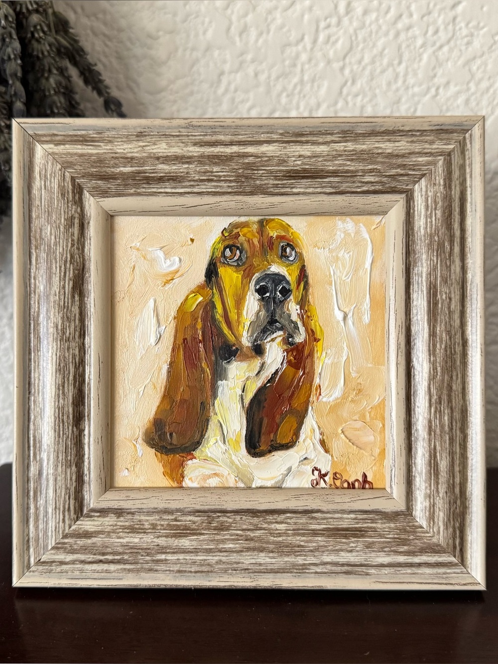 Original oil painting basset hound dog portrait signed framed 4x4 inches